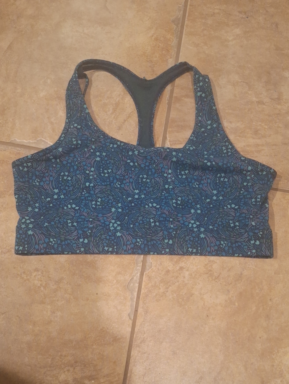 ZYIA Teal and Navy Floral-Pattern Racerback Sports Bra L